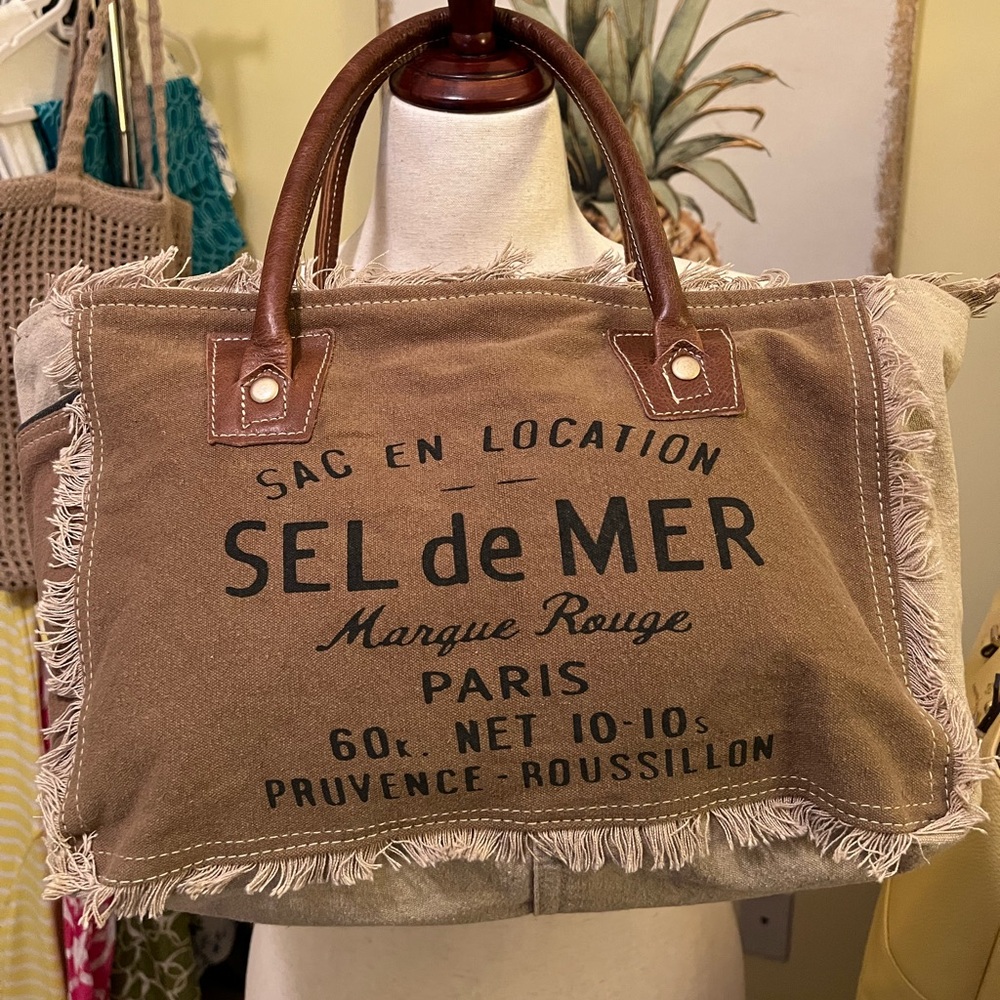 Myra Bag Tan Canvas Tote with Sel de Mer Paris text NWOT